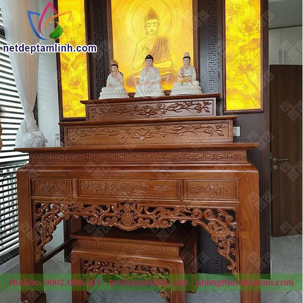 mẫu bàn thờ đứng thờ phật kết hợp thờ ngũ tự