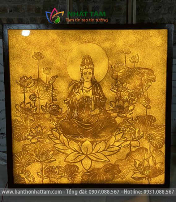 Tranh trúc chỉ họa tiết Phật kết hợp hoa sen 
